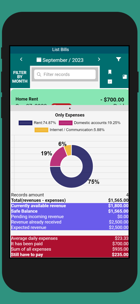 Captura de pantalla de la aplicación Easy Money Manager que muestra una lista de facturas mensuales, un desglose del gráfico circular de gastos y un resumen detallado de ingresos y gastos.