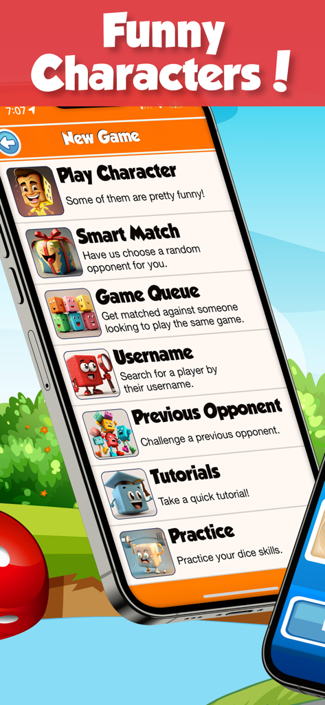 Dice World: Farkle & Yatzy - Mobile game interface showing options to start a new dice game with funny characters.