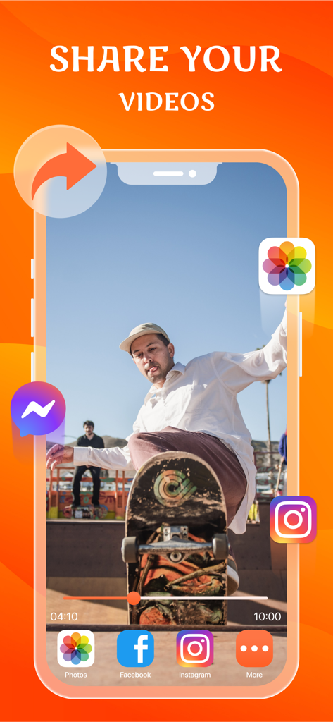 Screen Recorder for iPhone HD - Oberfläche, die Optionen zum Teilen aufgenommener Videos auf Social-Media-Plattformen wie Facebook und Instagram zeigt.