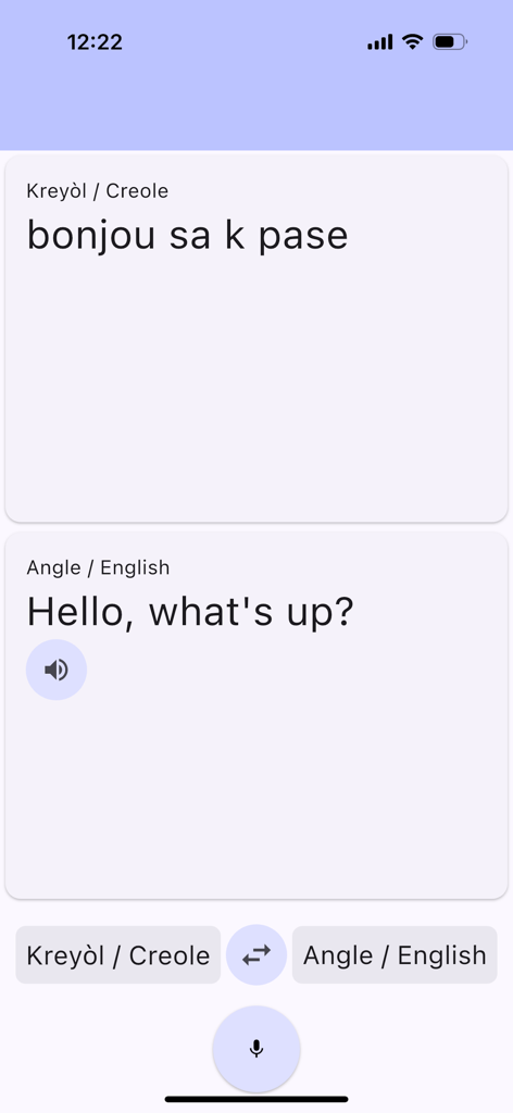 Tradwi Kreyòl - Tradwi Kreyol mobile app interface showing English and Haitian Creole translation