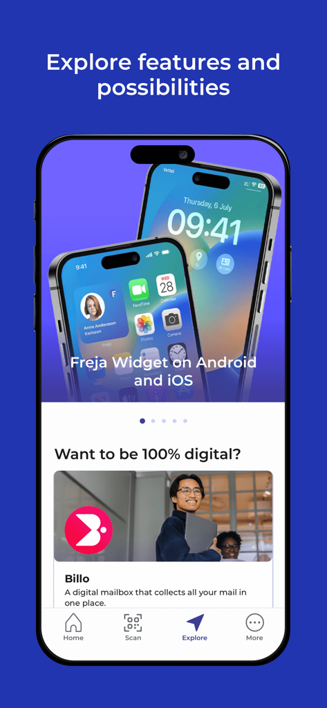 Explore screen of Freja eID app showing mobile widgets and digital mailbox options