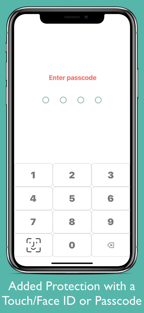 Interfaz de seguridad de la aplicación Notas Privadas mostrando la entrada de código numérico y el icono de Face ID para protección biométrica