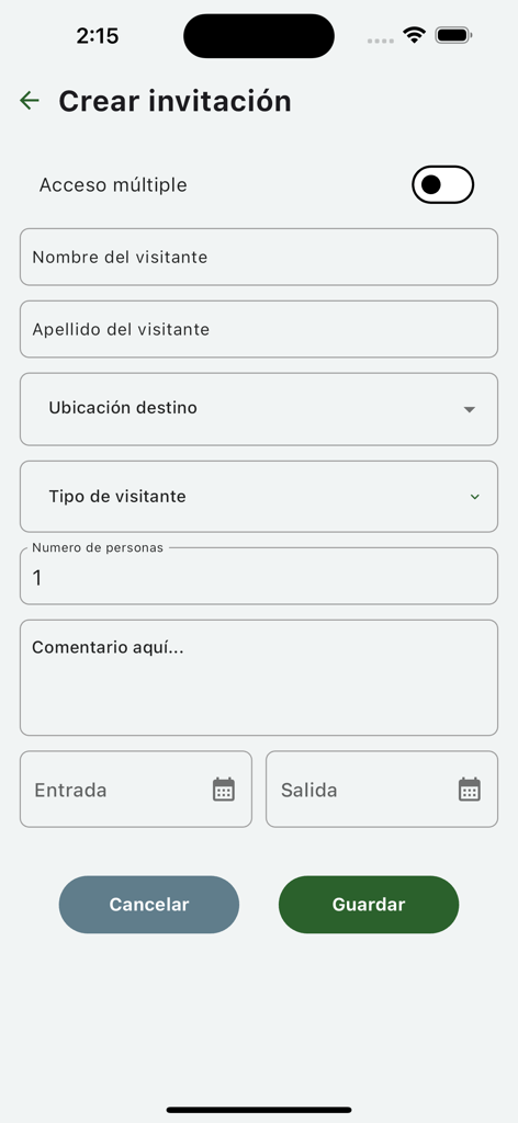 Formulario para crear una invitación de visitante en la App Valle Escondido que muestra campos para el nombre del invitado y las fechas de entrada