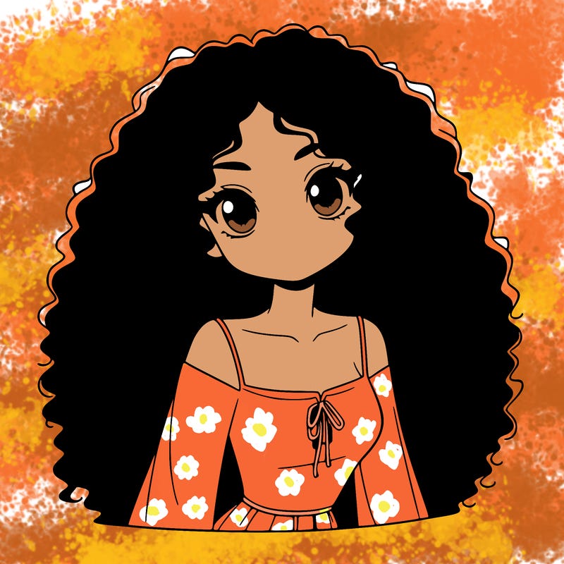 a black anime girl with long afro hair