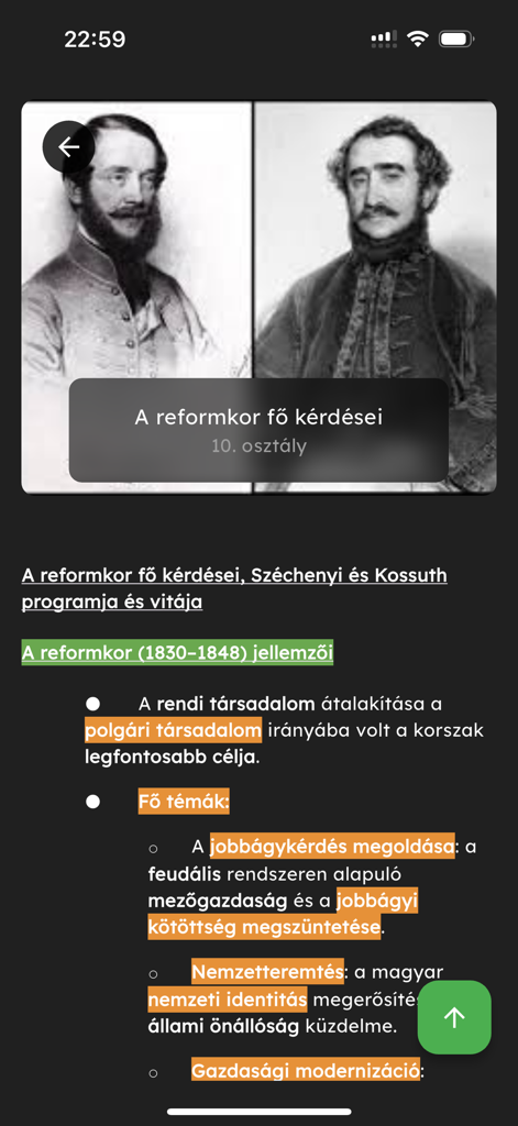 Interfaz de la aplicación Easy Study que muestra notas de estudio detalladas de historia con texto resaltado y retratos históricos