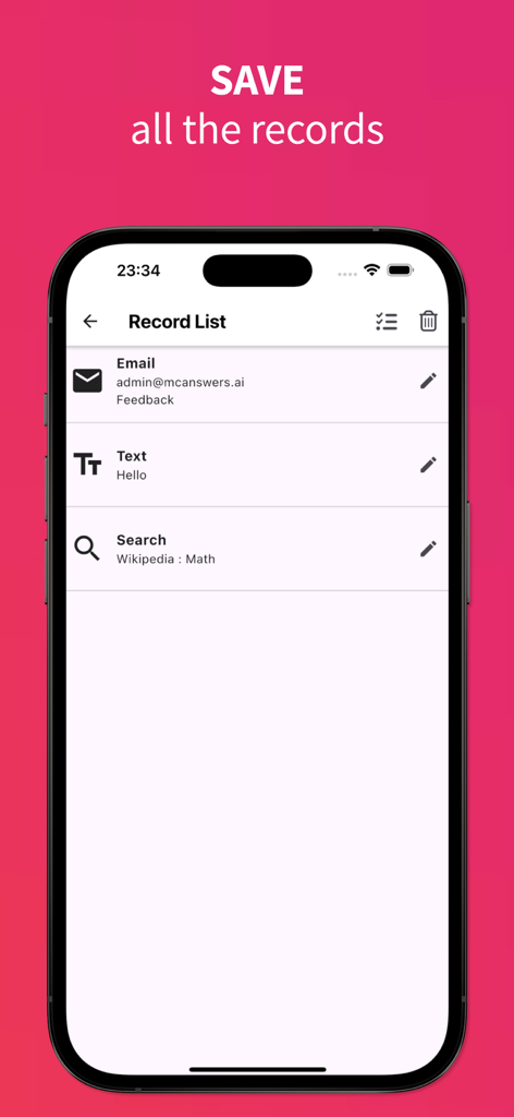 NFC Tools • - メールやテキストフィールドを含む保存されたデータレコードのリストを表示するNFC Toolsアプリのスマートフォンのディスプレイ