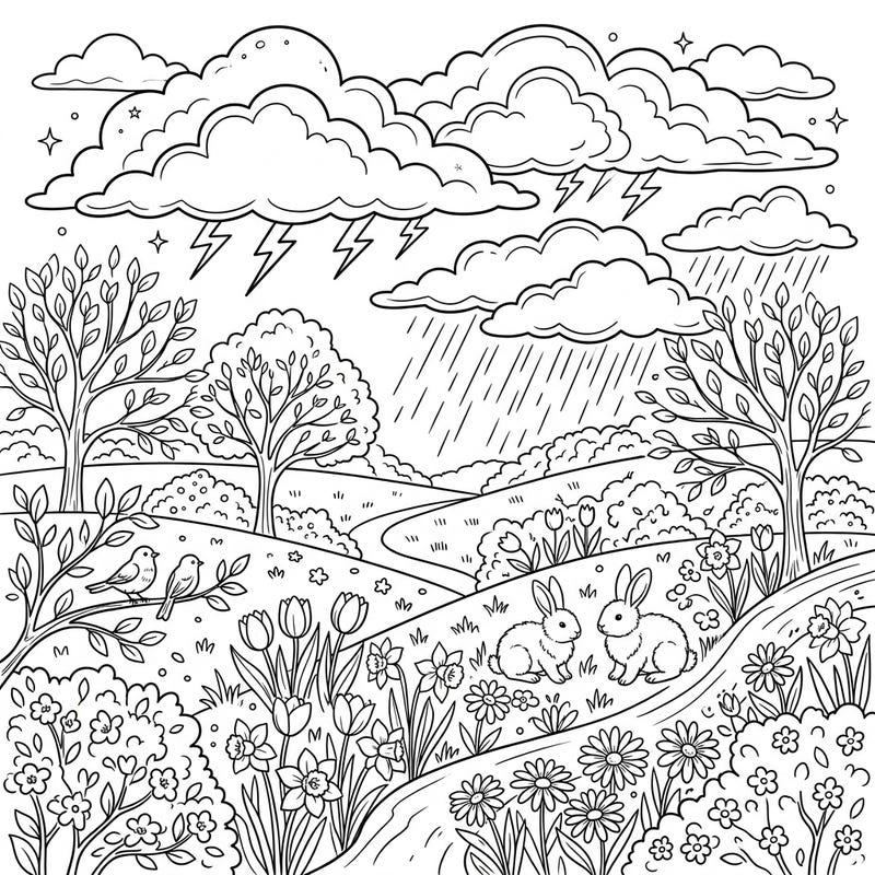 Explore the captivating contrast of a vibrant spring landscape with the drama of a distant thunderstorm. This unique coloring page invites you to bring both the gentle beauty of blooming flowers and the power of nature to life with your colors.