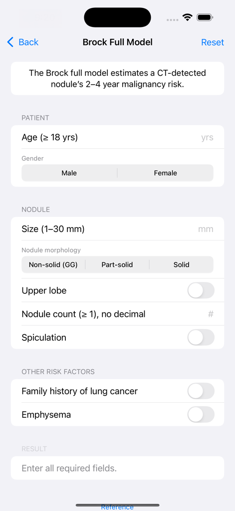Lung Cancer Screening Guide - Brock full model calculator interface for estimating lung nodule malignancy risk with input fields for patient demographics and nodule characteristics
