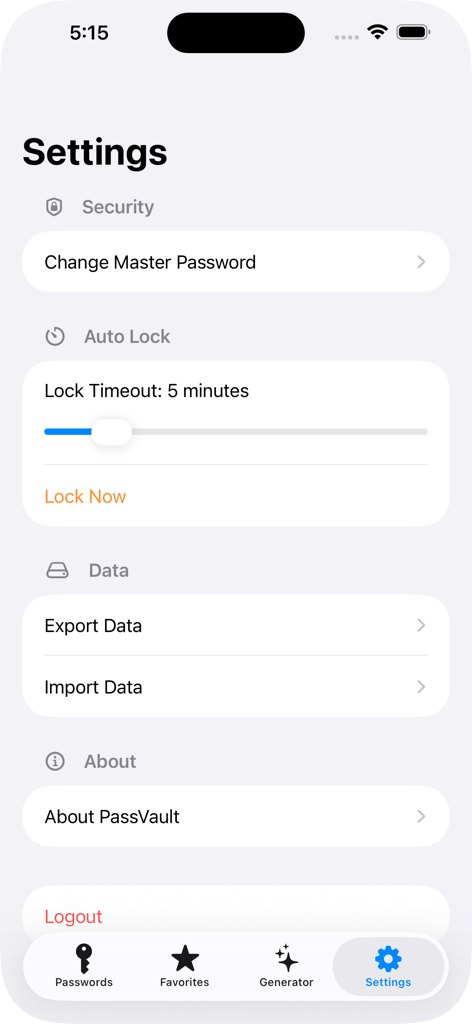 Settings screen of the PassVault app showing security options like master password change and auto lock settings