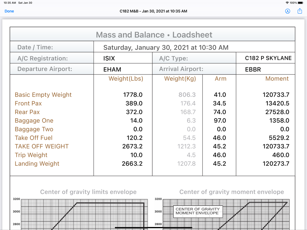 Masse- und Schwerpunkt-Beladungsliste für ein Cessna 182 Flugzeug mit Gewichtsangaben und Schwerpunktdiagrammen