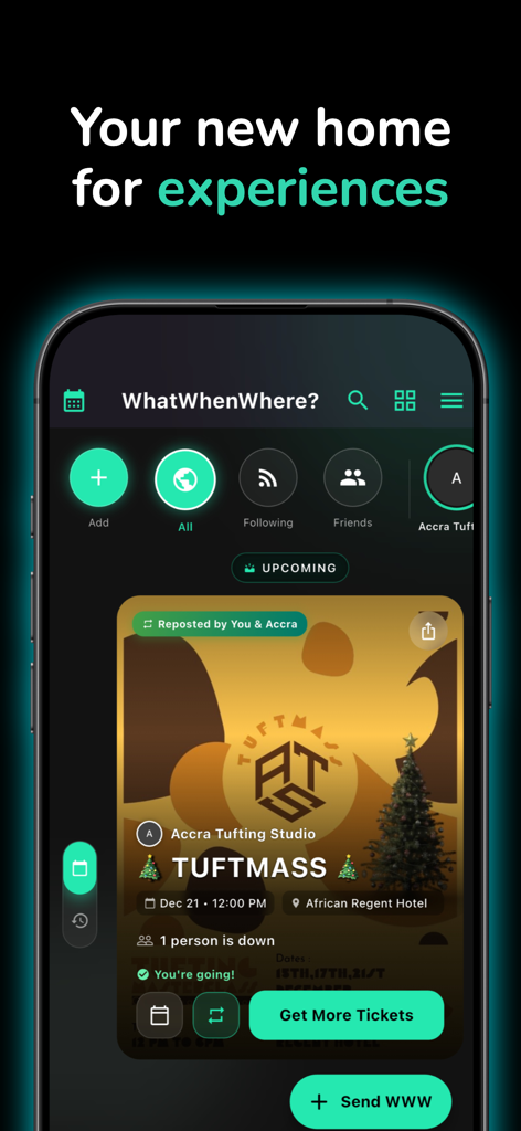 WhatWhenWhere? - Interface of the WhatWhenWhere app showing an upcoming event card for Tuftmass with a ticket purchase button.