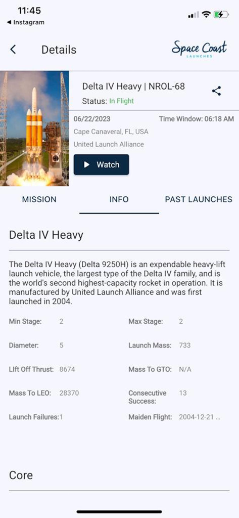 Space Coast Launches - Technical specifications and mission details for a Delta IV Heavy rocket within the Space Coast Launches app.