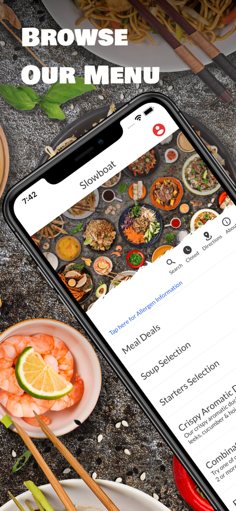 Interfaz de la aplicación Slowboat mostrando la pantalla de navegación del menú con categorías de comida como ofertas de comida y entrantes