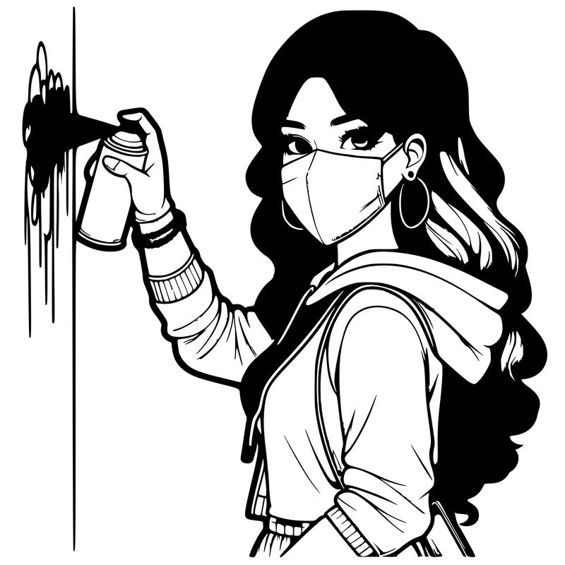 realistic girl with mask spray painting a wall