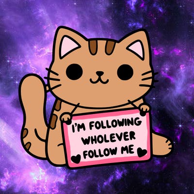 cat with a sign that says i’m following whoever follows me
