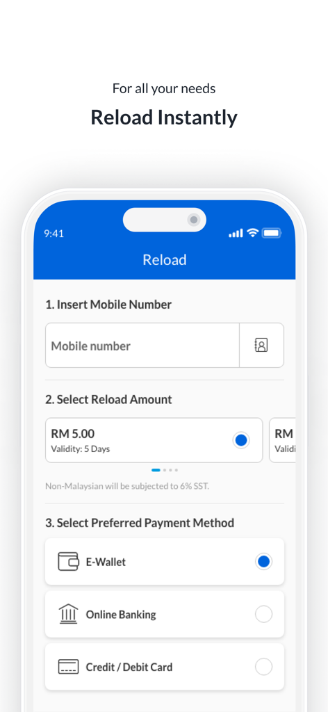 A mobile app interface from Celcom Life for instant credit reloading including payment methods like E-Wallet and Online Banking