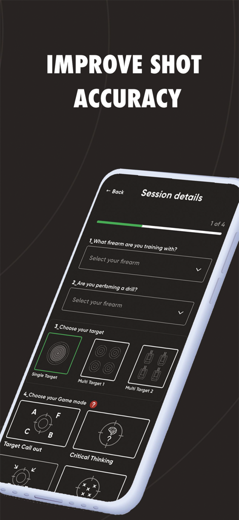Strikeman - Strikeman app session details screen for selecting firearms, drills, and target modes to improve shot accuracy.