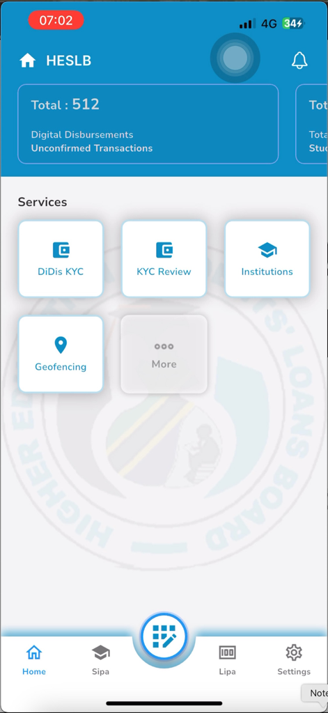 Home screen of the HESLB Tanzania mobile app showing student loan services and digital disbursements