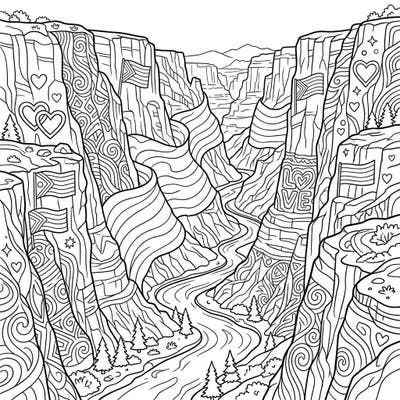 Immerse yourself in this breathtaking coloring page featuring grand canyon walls adorned with heartfelt Pride symbols. It's a wonderful way to celebrate diversity and love through creative expression.