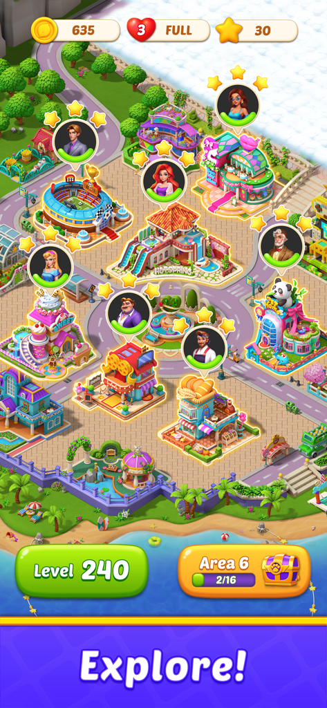 Home Match - Garden & Design - Vista de pájaro de un mapa colorido de una mansión que presenta varios edificios decorados como una tienda de dulces, un manantial termal y un estadio en Home Match