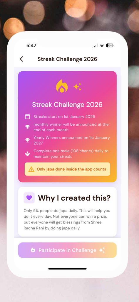 Radha Chant Counter - Radha Chant Counter app screen showing the Streak Challenge 2026 with rules and participate button