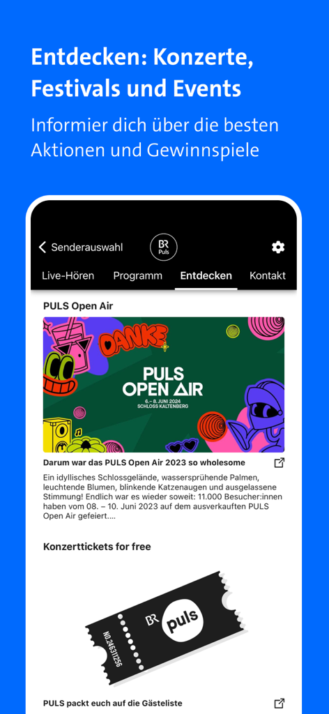 L'écran de découverte de l'application BR Radio affichant les festivals de musique et les billets de concert gratuits pour la station PULS.