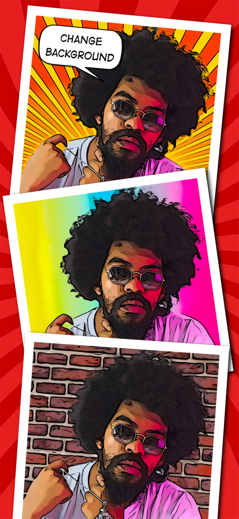 Toonita: Cartoon & Comic Maker - Portrait with three different cartoon background styles