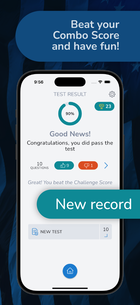 Citizen Now: US Citizenship - Test result screen of the Citizen Now app showing a 90 percent passing score and a new record notification.