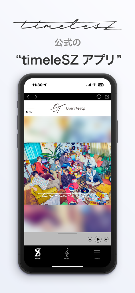 Official timeleSZ music player app showing the group members and playback controls on a smartphone