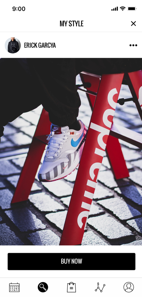 KicksOnFire app My Style screen showing a community post with a Nike sneaker and a red Supreme ladder