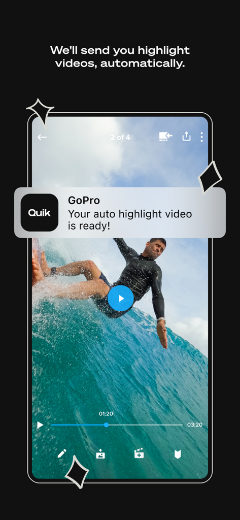 GoPro Quik app notification showing an automatic highlight video of a surfer