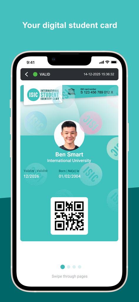 Pantalla de smartphone mostrando un carnet de estudiante internacional digital con un código QR