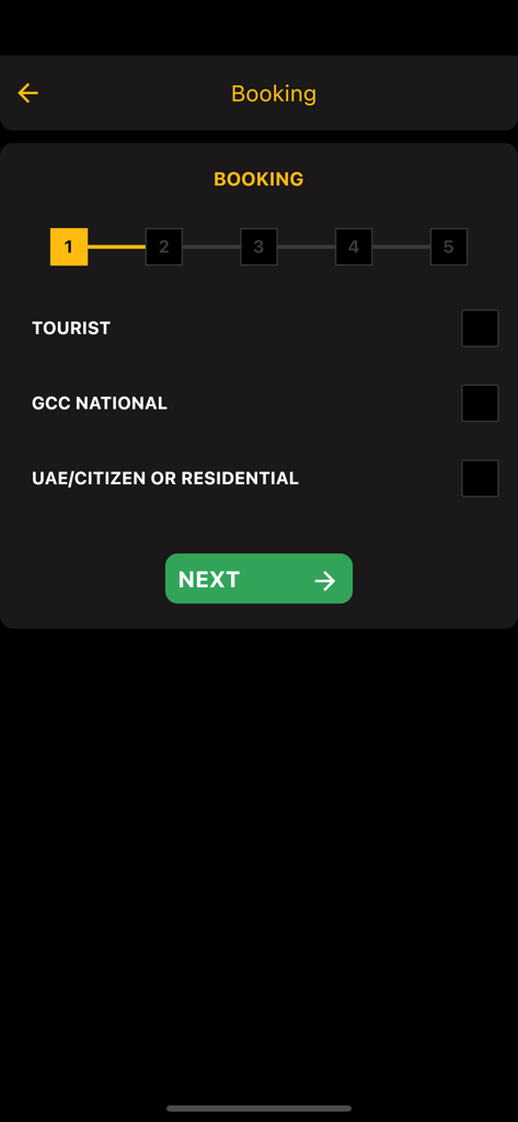 App screen showing the first step of booking a luxury car rental with residency options