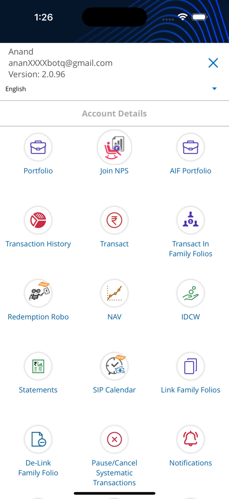 KFinKart App-Dashboard mit Optionen zur Anlageverwaltung, einschließlich Portfolio, Transaktionsverlauf und Verknüpfung von Familienkonten