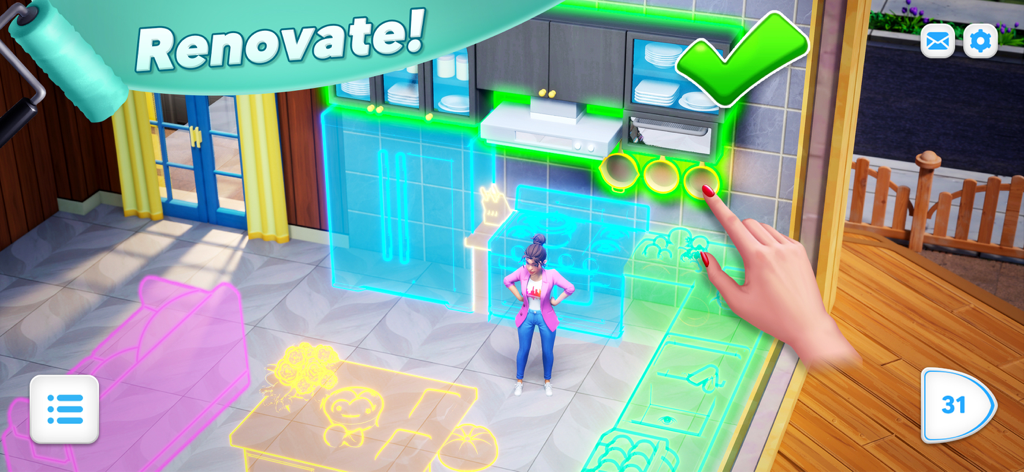 Modern Community - A gameplay screenshot of Modern Community showing Paige in a kitchen during a renovation process with neon design blueprints.