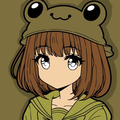 anime girl with bangs wearing a cute frog hat