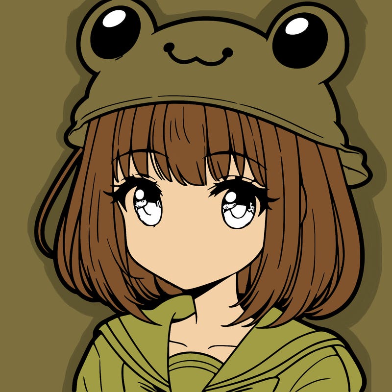 anime girl with bangs wearing a cute frog hat