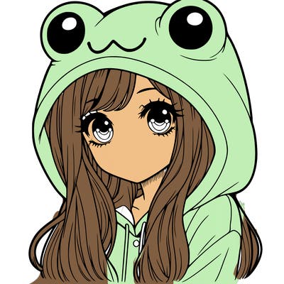 a pretty girl wearing a frog hoodie portrait with long hair