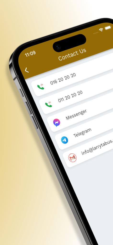 Larryta Agent - Contact Us screen of the Larryta Agent app showing various communication options including phone, Messenger, Telegram, and email.