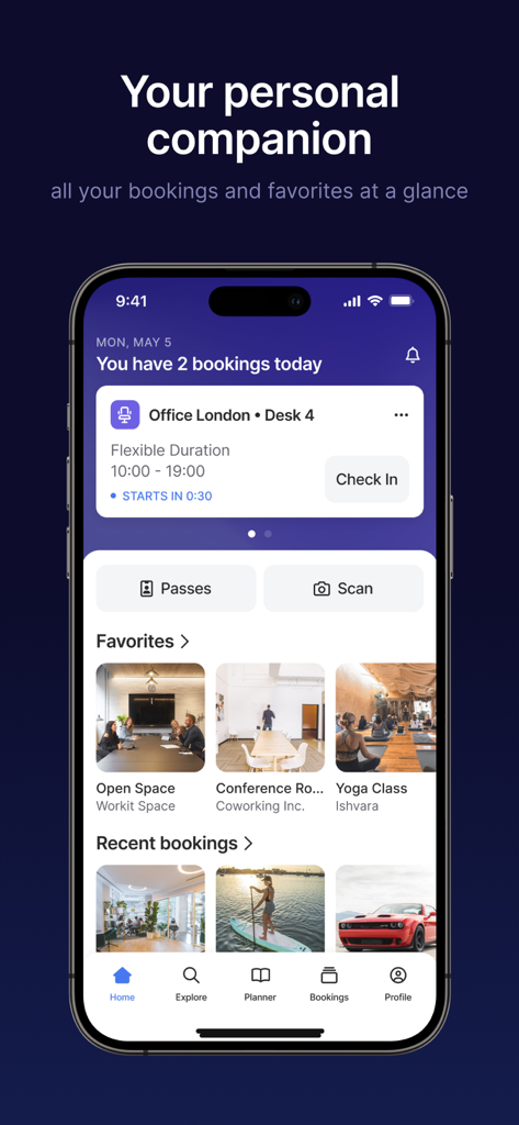 Anny bookings app dashboard showing a desk reservation in London with a check-in button and favorite workspaces.