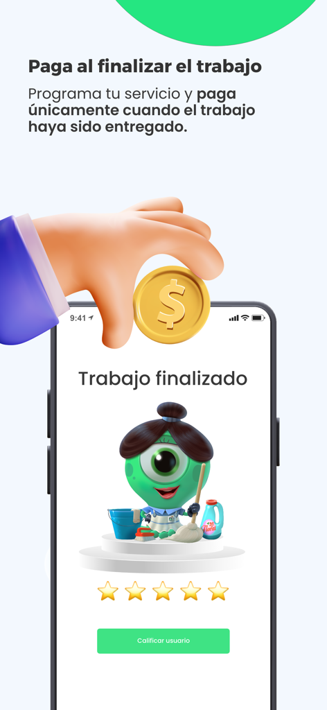 Holper - Clientes - Tela móvel mostrando um serviço concluído com avaliações de 5 estrelas e uma moeda de confirmação de pagamento.