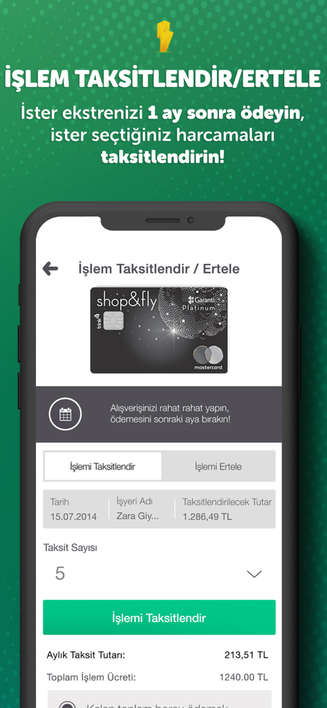BonusFlas mobile app interface displaying options to pay credit card transactions in installments or postpone payments for a Shop and Fly card