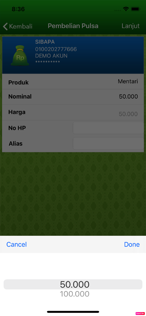 Screenshot of the BPDBALI Mobile app showing the mobile phone credit top up interface with a selection wheel for the credit amount