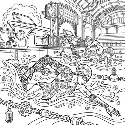 Experience the power and grace of para-athletes in a truly unique way with this Steampunk Para Swimmers coloring page. This intricate design fuses adaptive sports with a fantastical Victorian-era aesthetic, offering an exciting creative challenge.