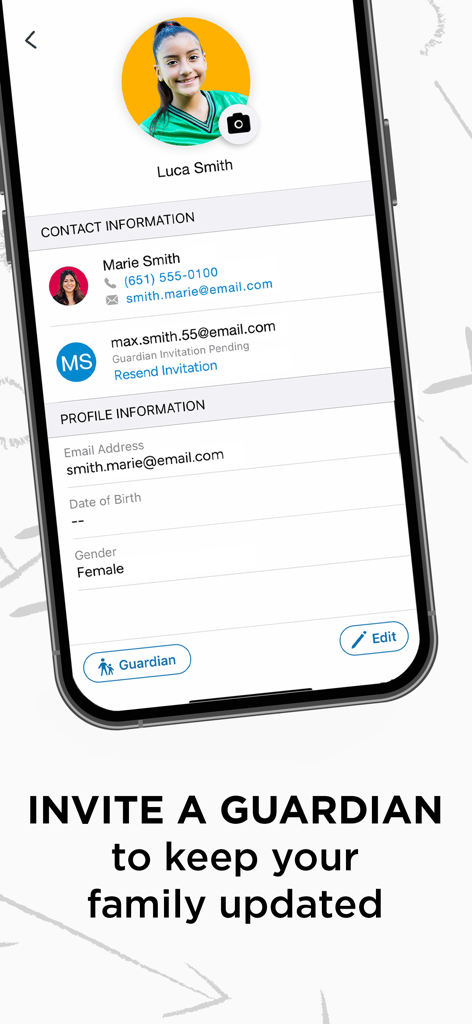SportsEngine - Team management - SportsEngine athlete profile screen showing contact information and a prompt to invite a guardian