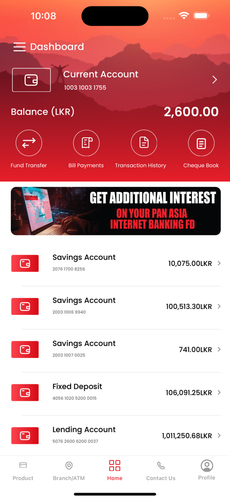 Dashboard der mobilen App der Pan Asia Bank mit Kontoständen und Finanzdienstleistungen