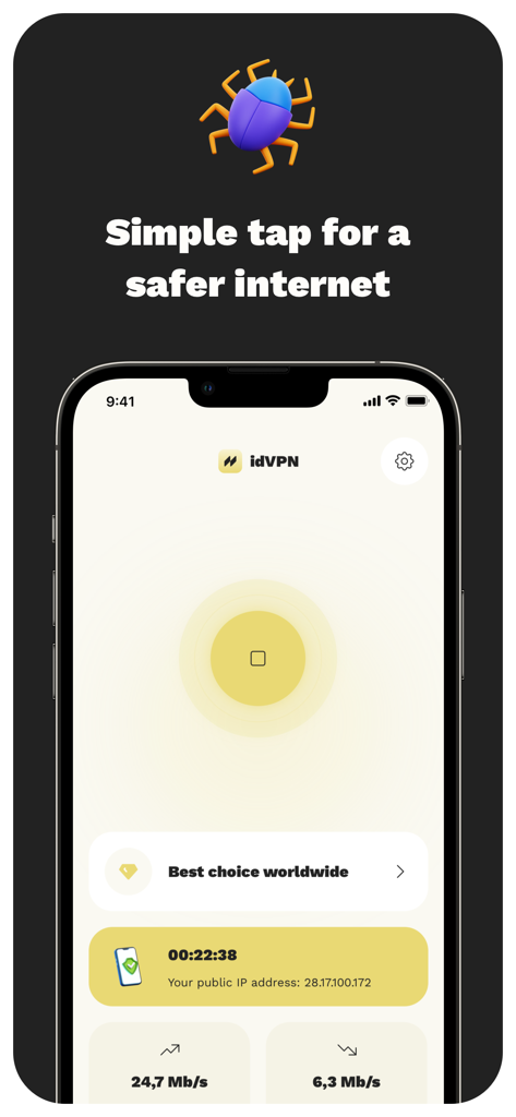 idVPN: VPN Secure Unlimited - Interfaz de la aplicación móvil idVPN que muestra el estado de conexión segura con velocidades de descarga y carga