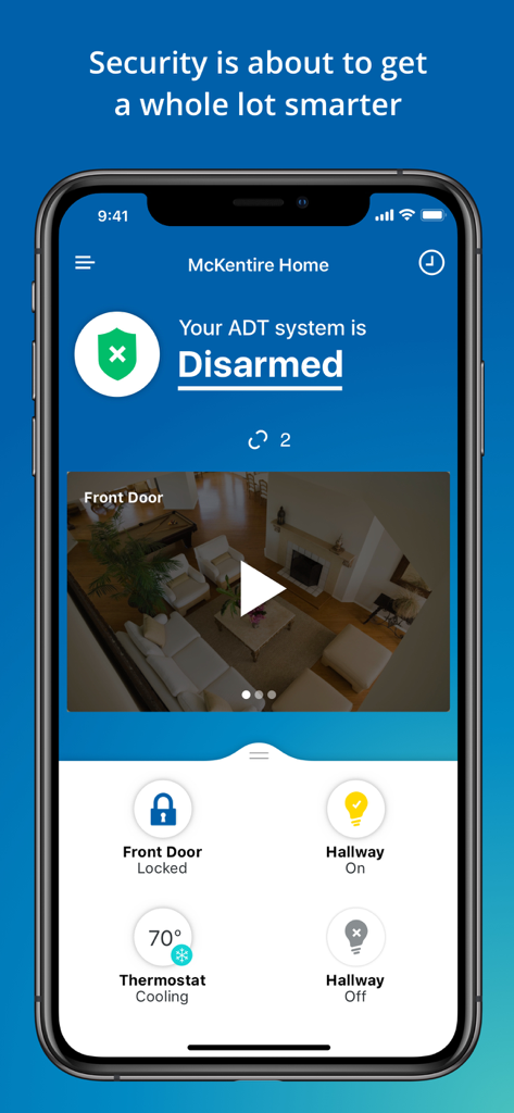 ADT Control app interface showing home security status, live camera feed, and smart home controls for locks, lights, and temperature.
