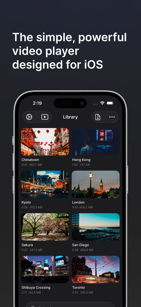 Outplayer app library interface on an iPhone displaying a grid of video thumbnails
