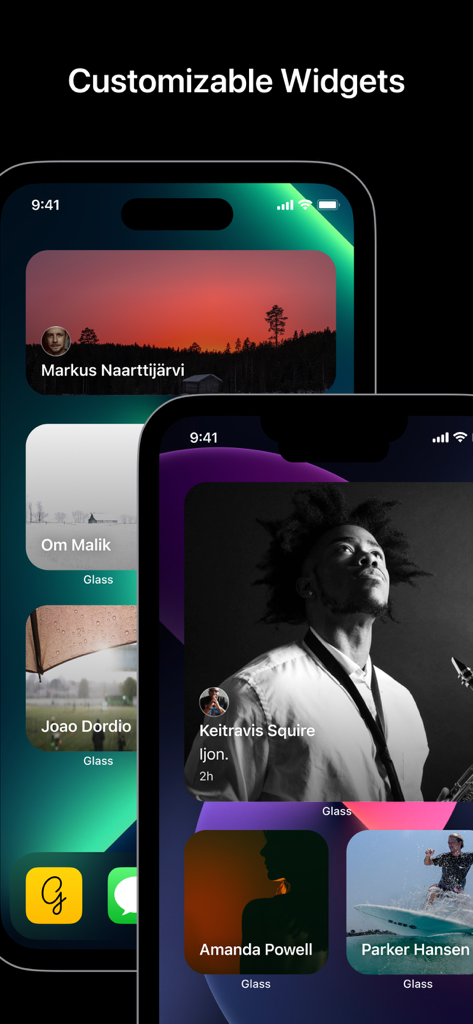 iPhone home screen displaying customizable photography widgets from the Glass app